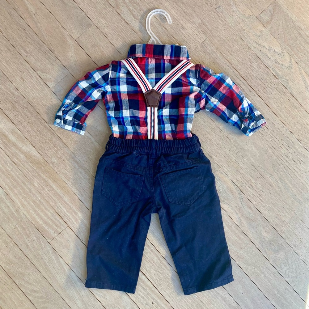 Children’s Place 2-Piece Set Plaid Shirt Trousers with Suspenders 3-6 mo…